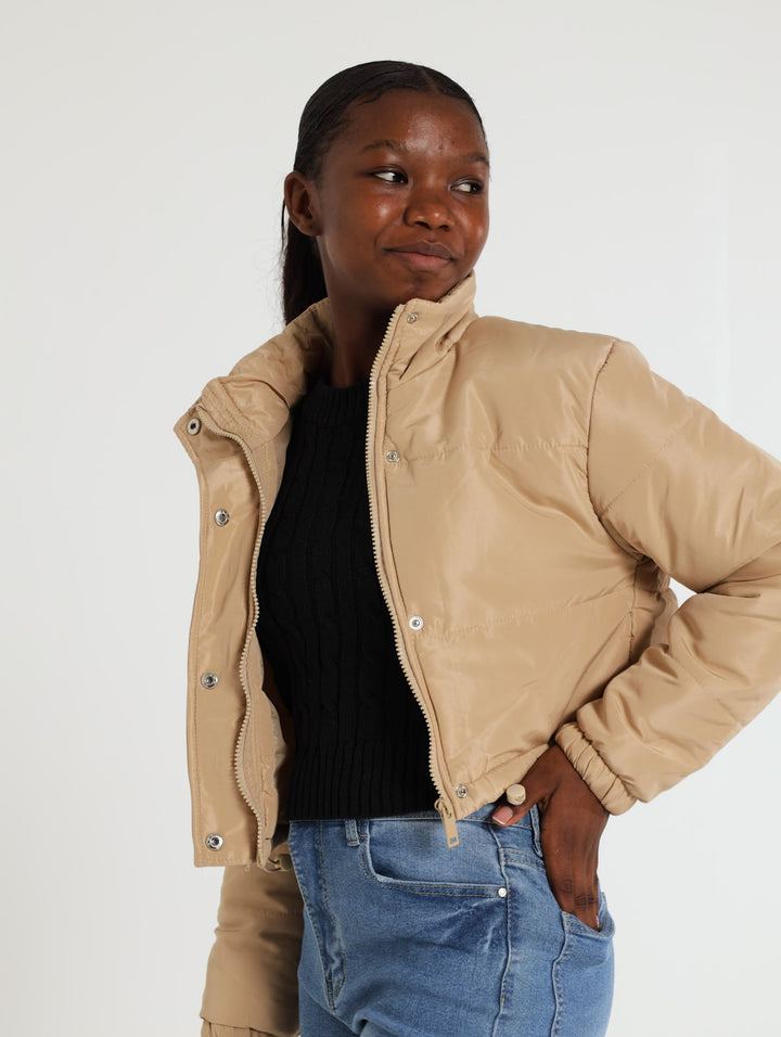 Hi-Neck Bomber Jacket - Tan