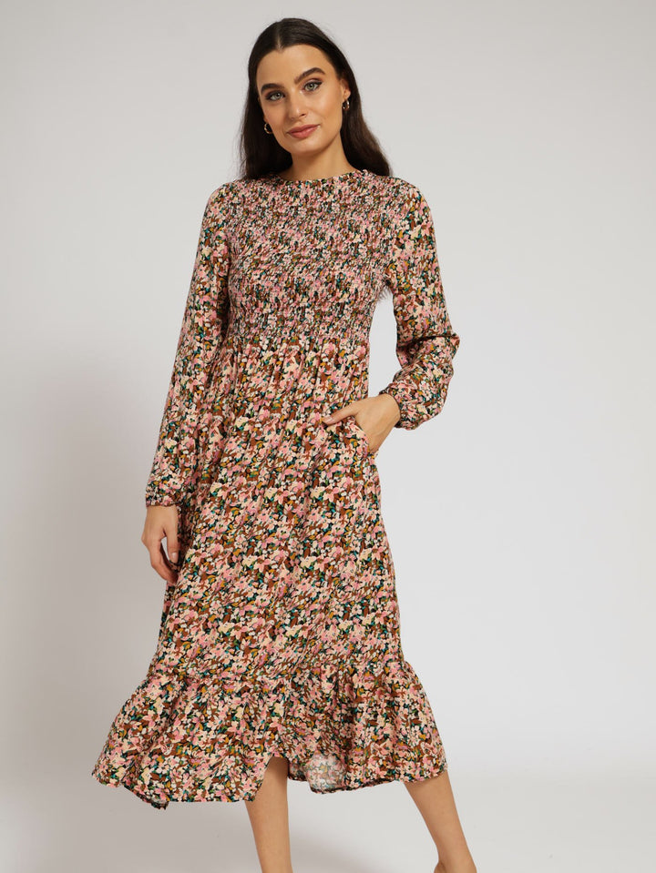 Long Sleeve Shirred Bodice Frill Hem Midi Dress