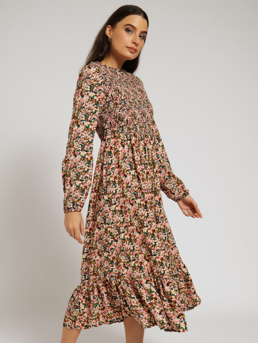 Long Sleeve Shirred Bodice Frill Hem Midi Dress