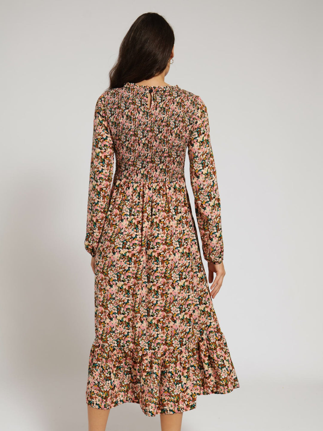 Long Sleeve Shirred Bodice Frill Hem Midi Dress