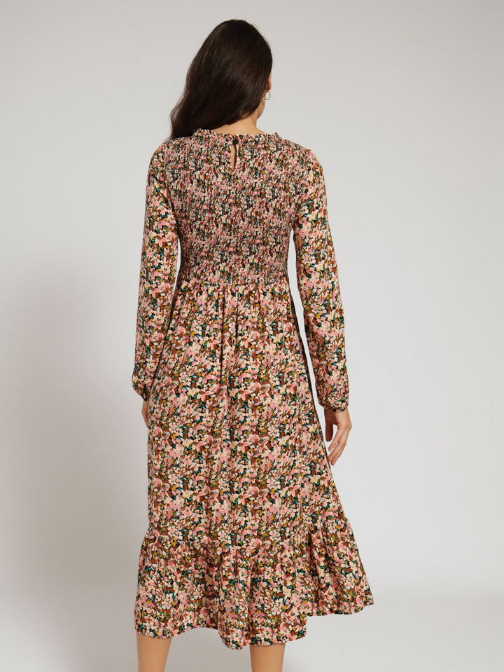 Long Sleeve Shirred Bodice Frill Hem Midi Dress