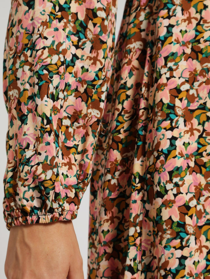 Long Sleeve Shirred Bodice Frill Hem Midi Dress