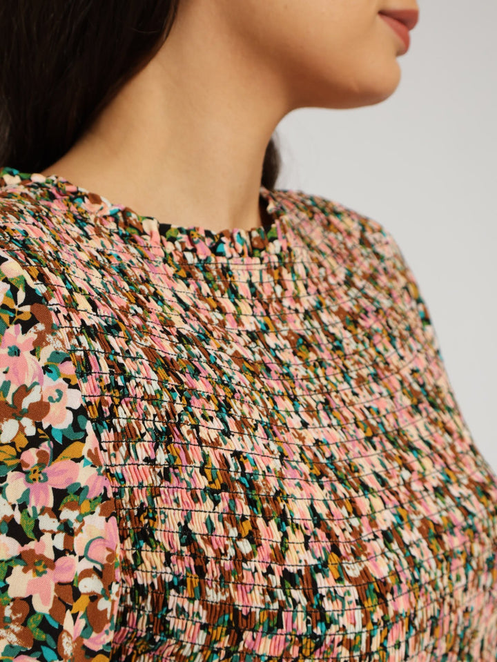 Long Sleeve Shirred Bodice Frill Hem Midi Dress