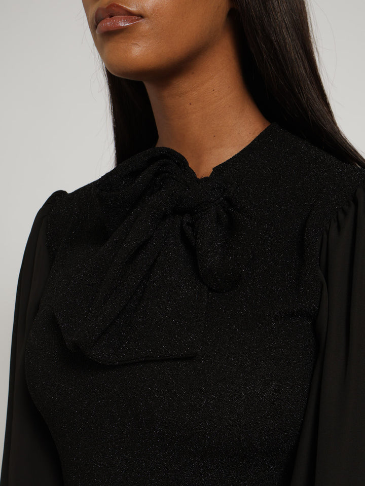 Kitty Bow Bodycon Shimmer Combo Dress - Black