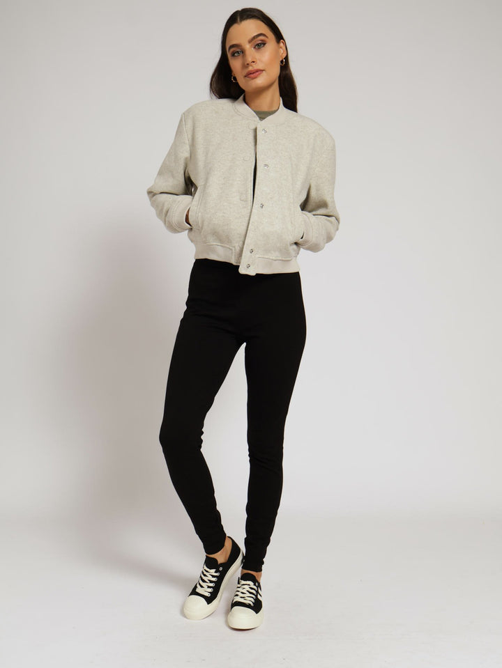 Long Sleeve Preppy Melton Bomber Jacket - Oatmeal