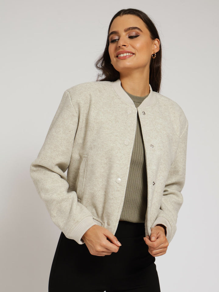 Long Sleeve Preppy Melton Bomber Jacket - Oatmeal