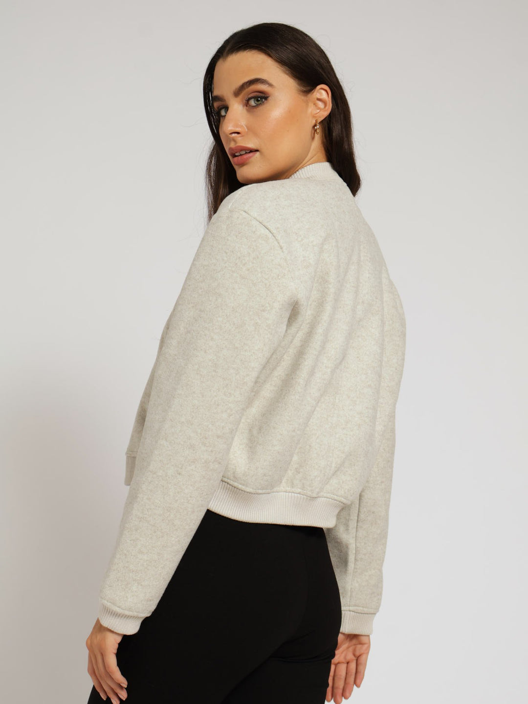 Long Sleeve Preppy Melton Bomber Jacket - Oatmeal