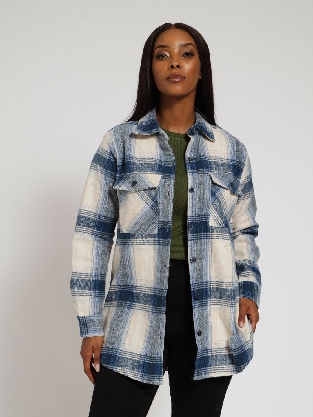Long Sleeve Oversized Check Shacket - White/Blue