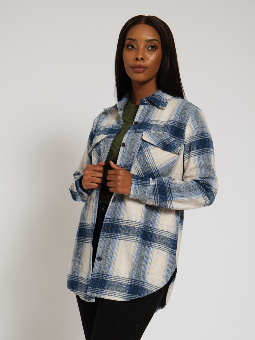Long Sleeve Oversized Check Shacket - White/Blue