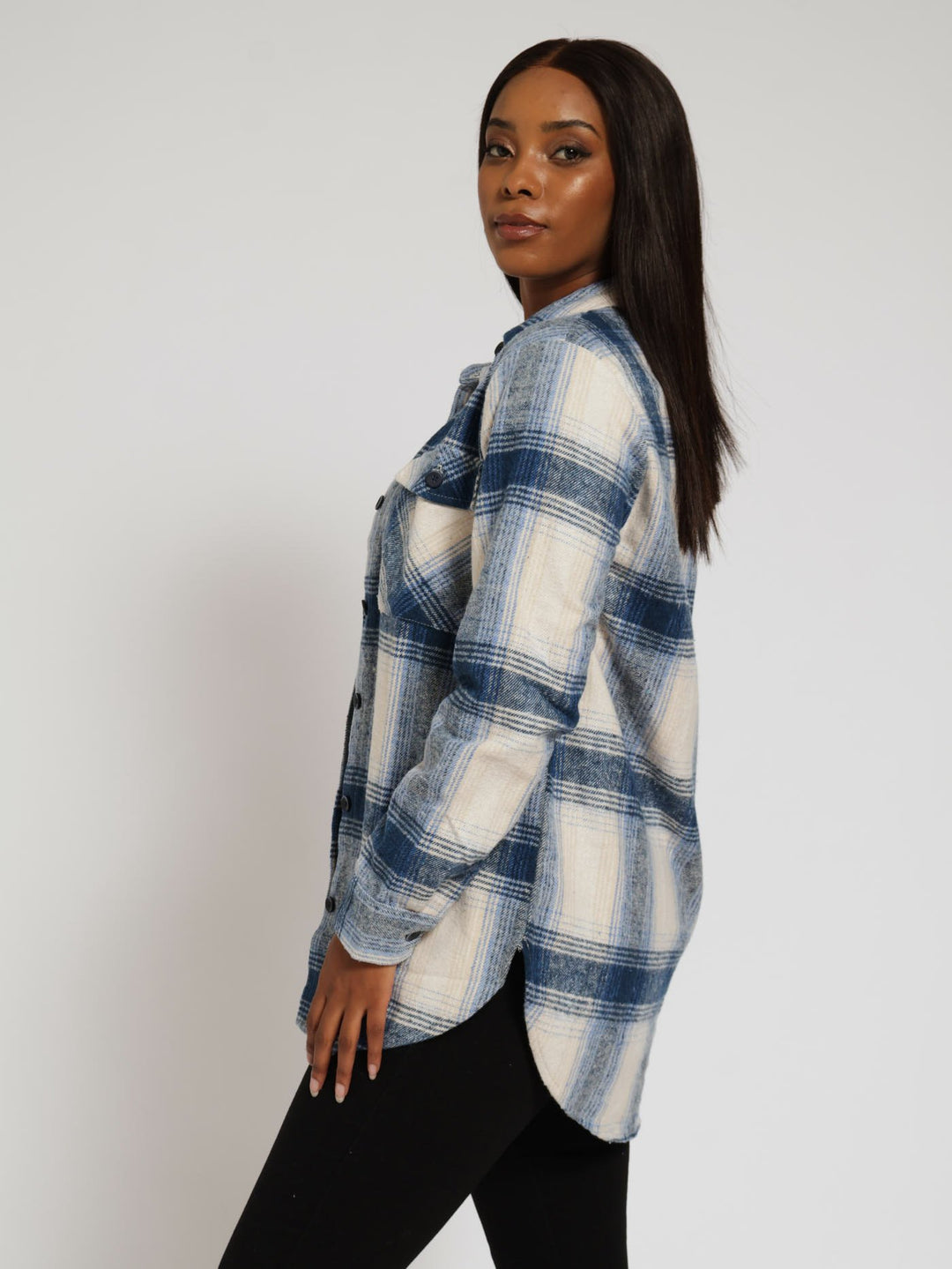 Long Sleeve Oversized Check Shacket - White/Blue