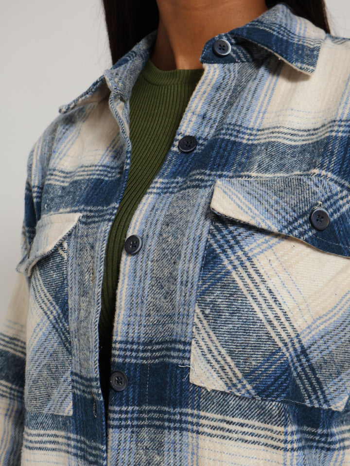 Long Sleeve Oversized Check Shacket - White/Blue