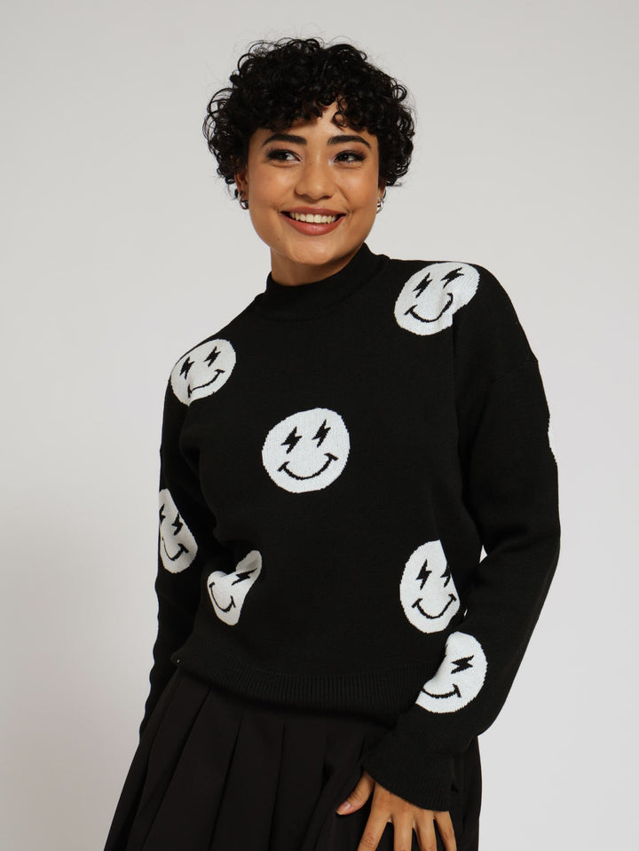 Bolt Smile Crew Knit Top - Black