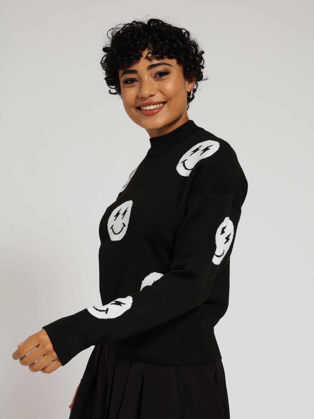 Bolt Smile Crew Knit Top - Black