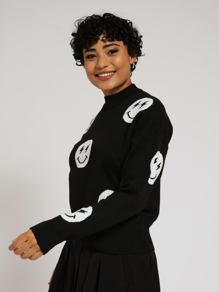 Bolt Smile Crew Knit Top - Black