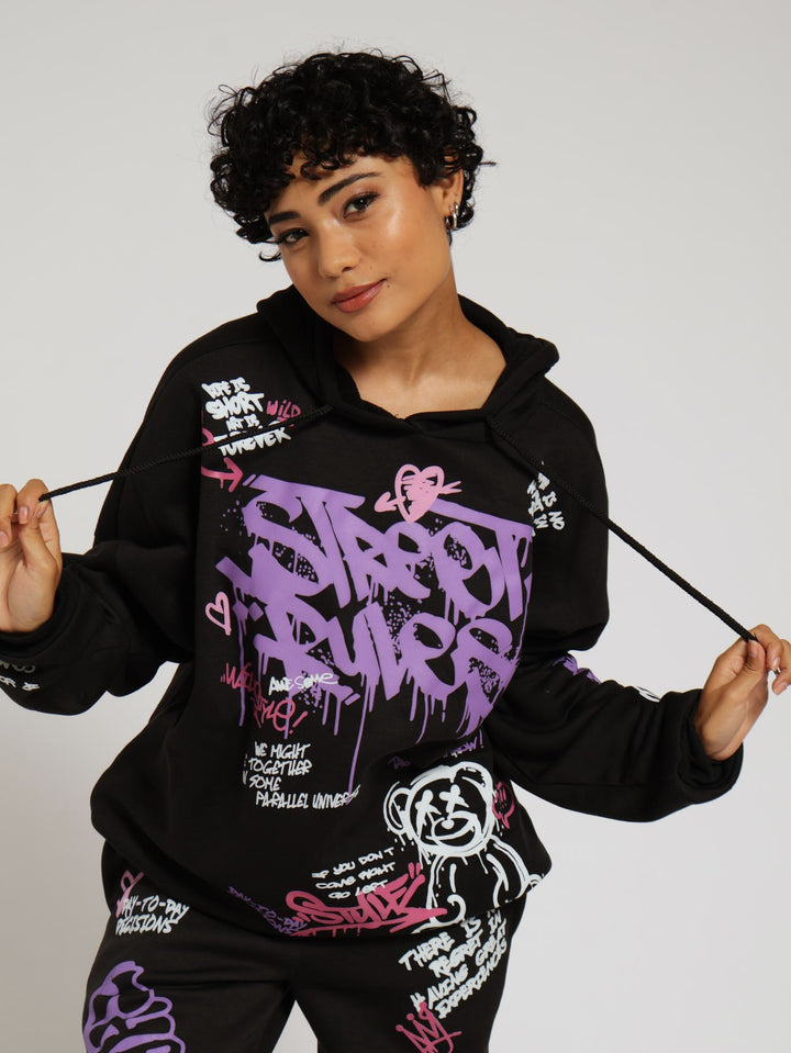 Oversized Graphic Hoody - Black