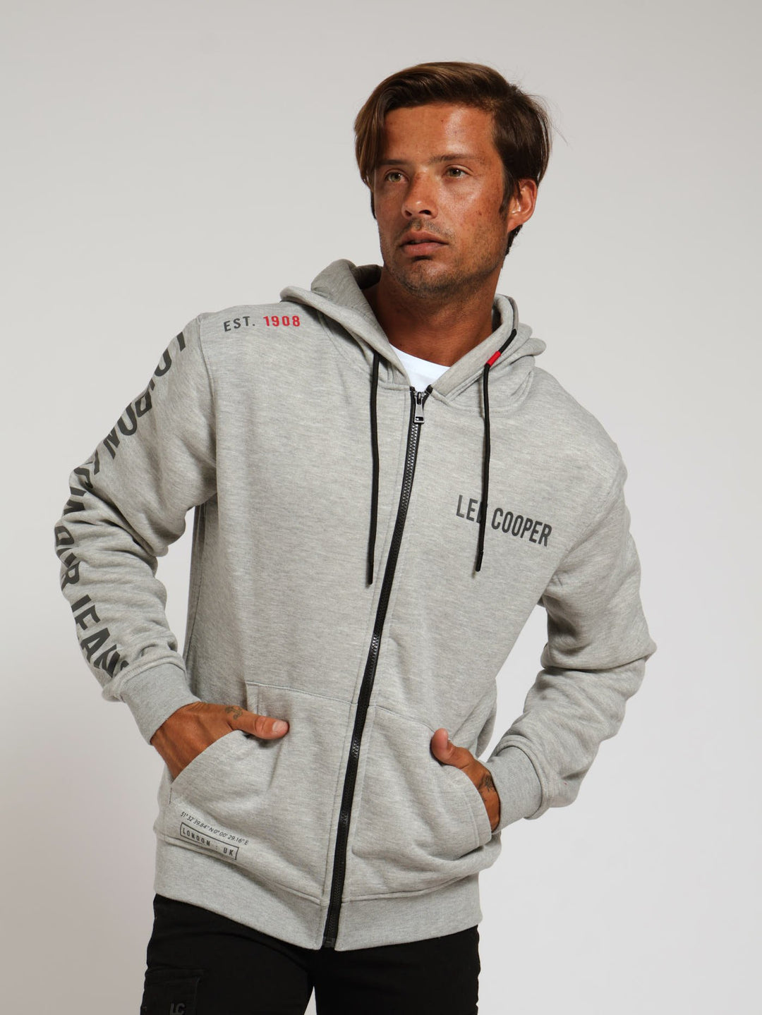 Mecca Sleeve Print Zip Through Hoody - Grey Melange