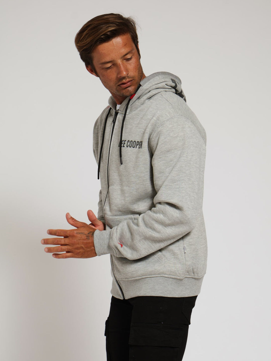 Mecca Sleeve Print Zip Through Hoody - Grey Melange