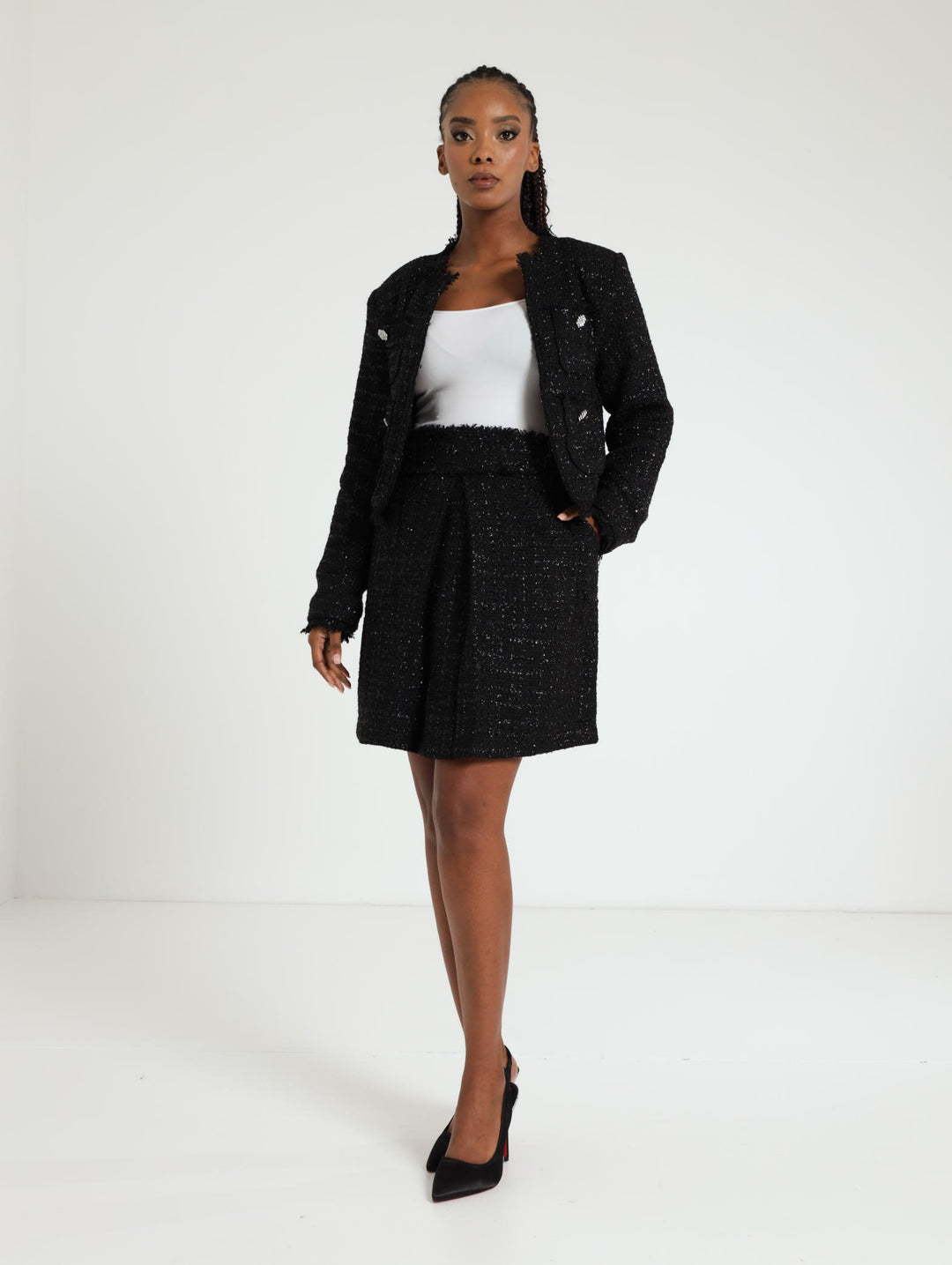 A-Line Sparkle Tweed Skirt - Black