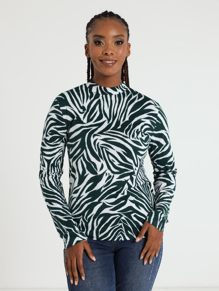 Long Sleeve Polo Neck Top - White/Green
