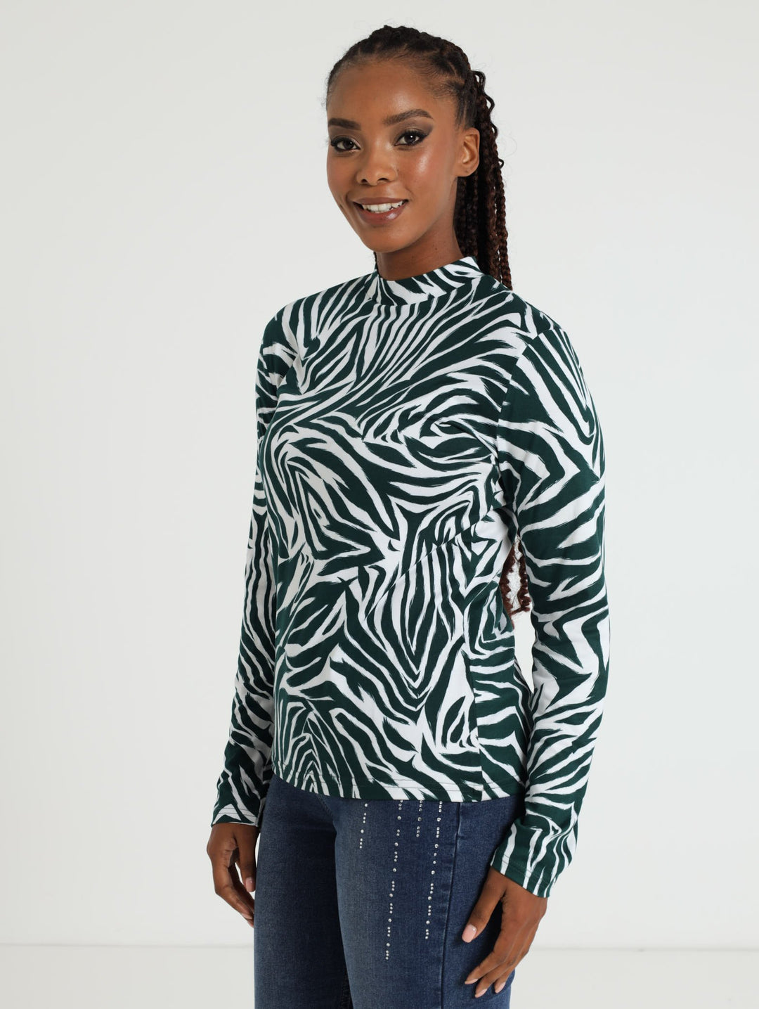 Long Sleeve Polo Neck Top - White/Green