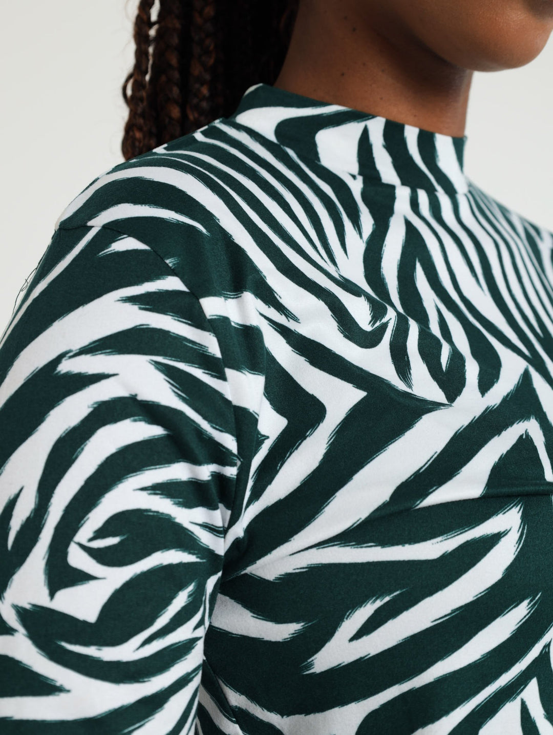 Long Sleeve Polo Neck Top - White/Green