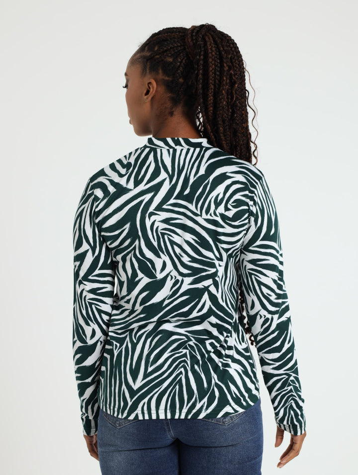 Long Sleeve Polo Neck Top - White/Green