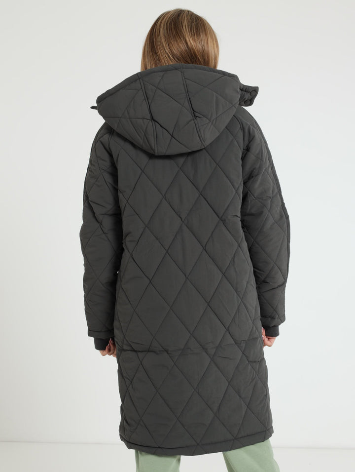 Longer Length Puffer Jacket With Reflective Print - Dark Grey
