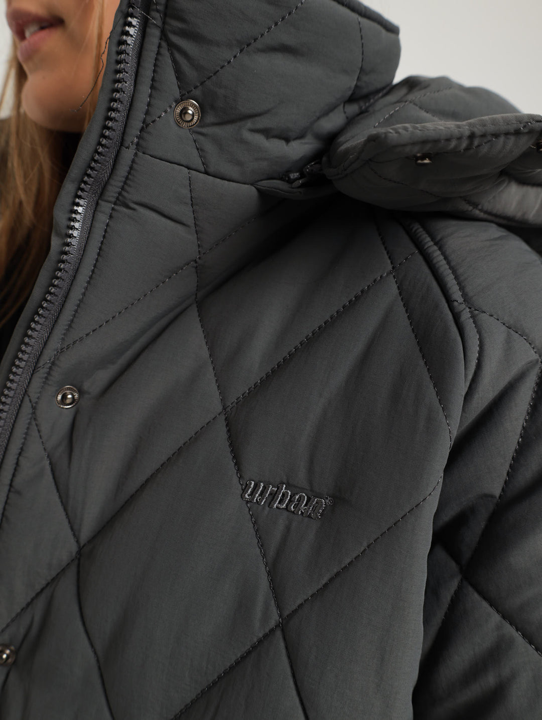 Longer Length Puffer Jacket With Reflective Print - Dark Grey