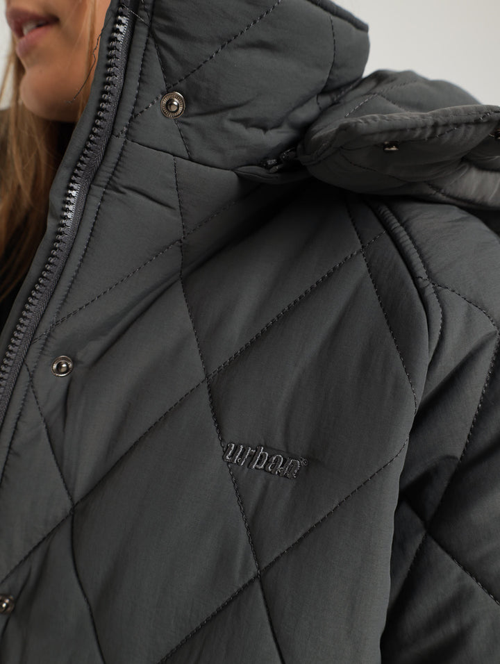 Longer Length Puffer Jacket With Reflective Print - Dark Grey
