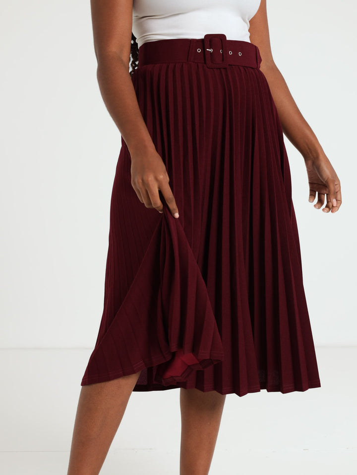 Covered Belt Pleated Midi Skirt  - Wine