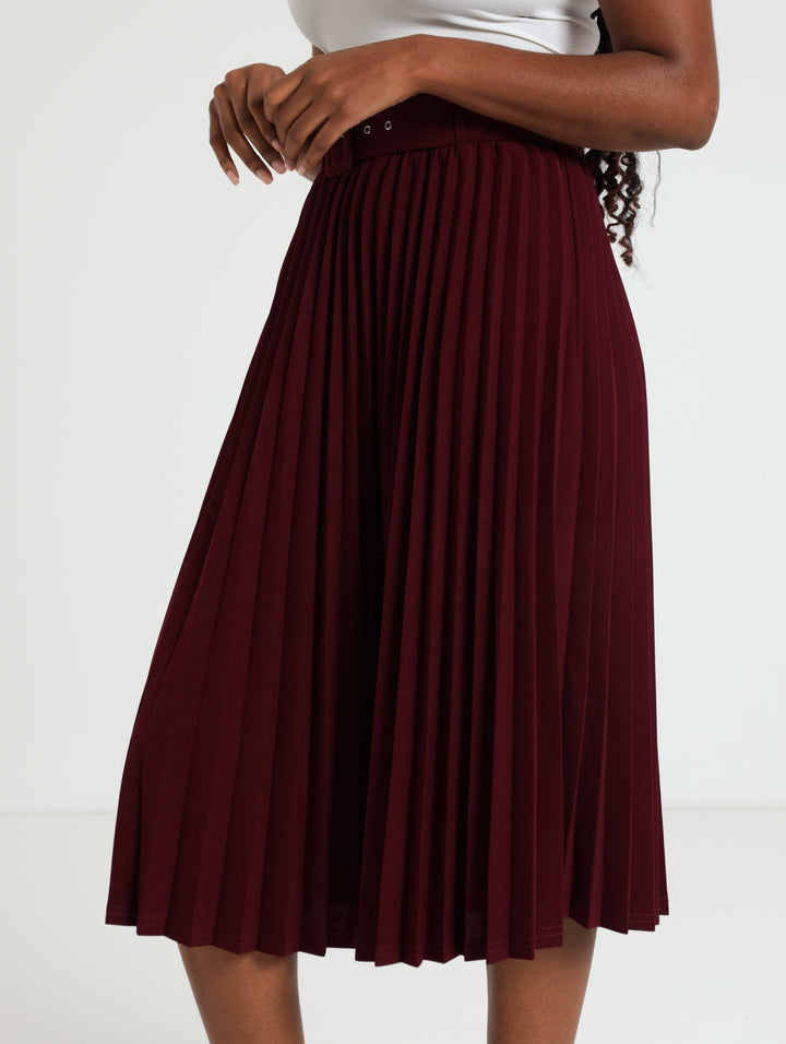 Covered Belt Pleated Midi Skirt  - Wine