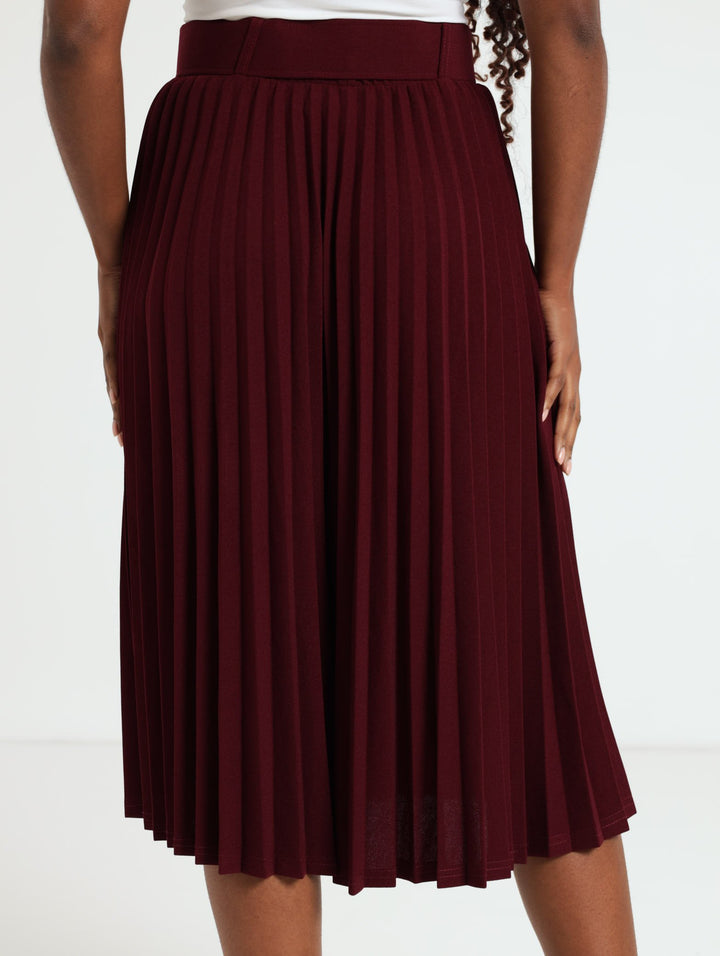 Covered Belt Pleated Midi Skirt  - Wine