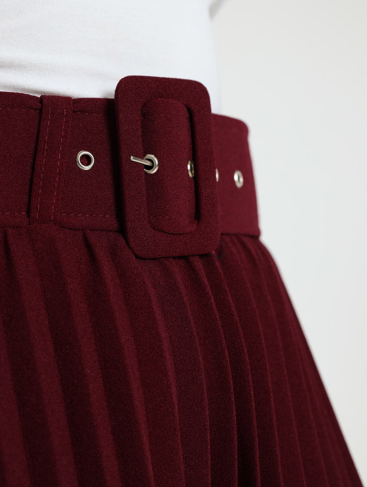 Covered Belt Pleated Midi Skirt  - Wine