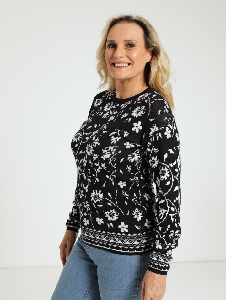 Floral Print Jacquard Knitwear - Black/White