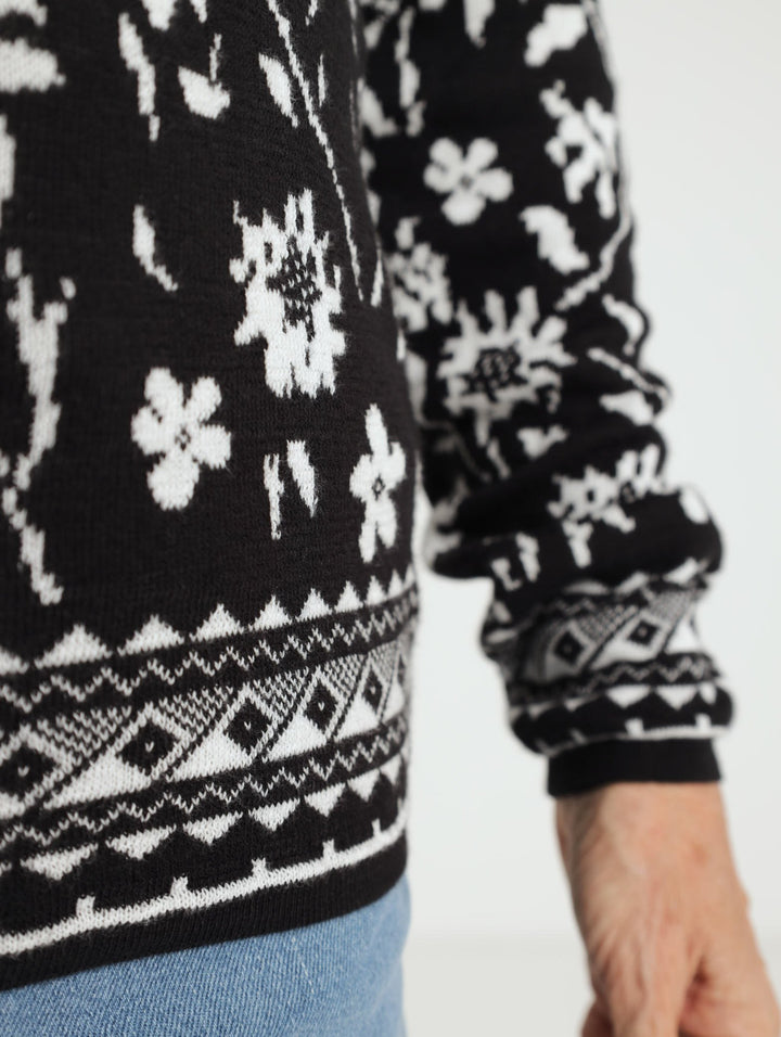 Floral Print Jacquard Knitwear - Black/White