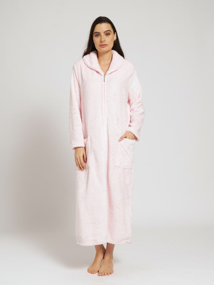 Shawl Collar Waffle Zip Through Gown - Pink