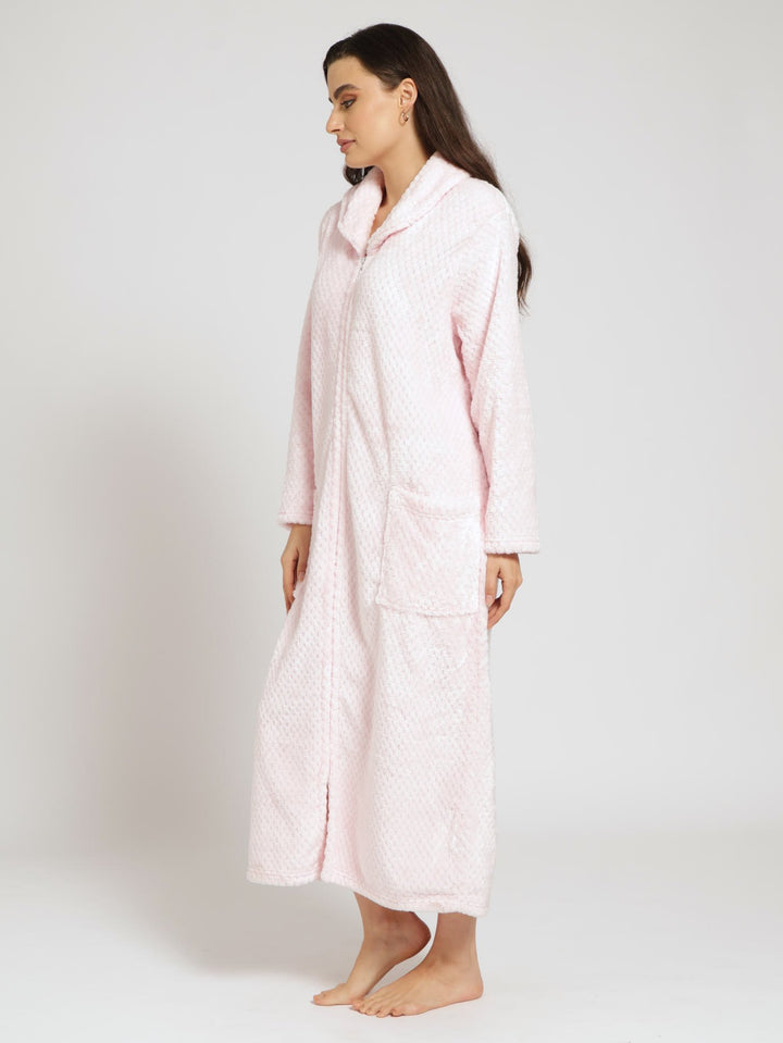 Shawl Collar Waffle Zip Through Gown - Pink