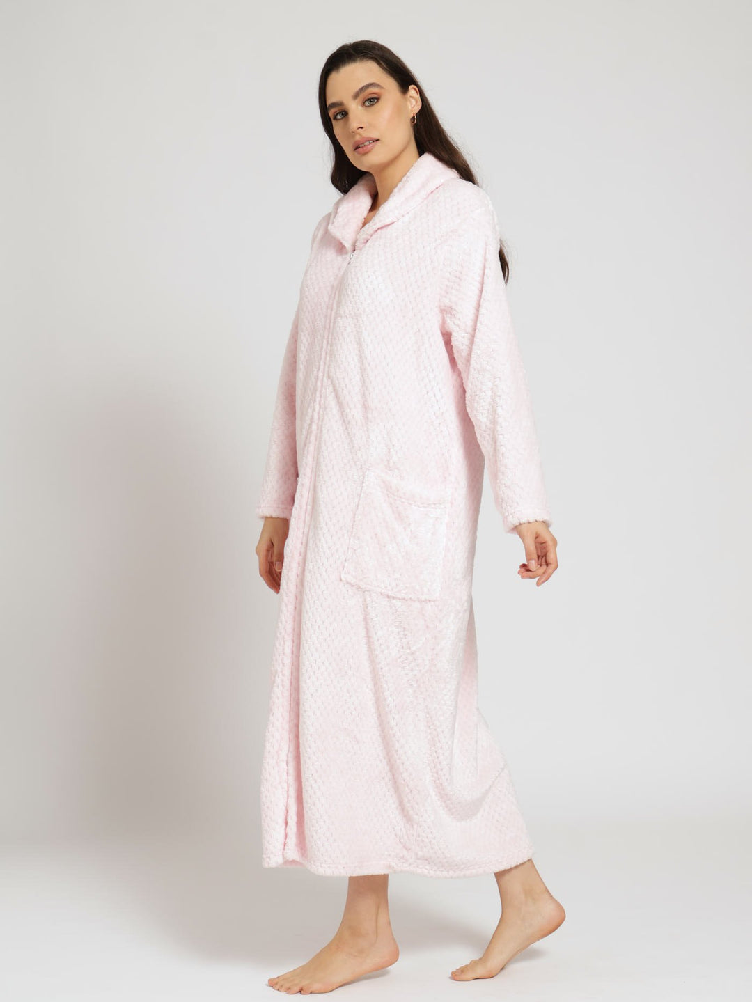 Shawl Collar Waffle Zip Through Gown - Pink
