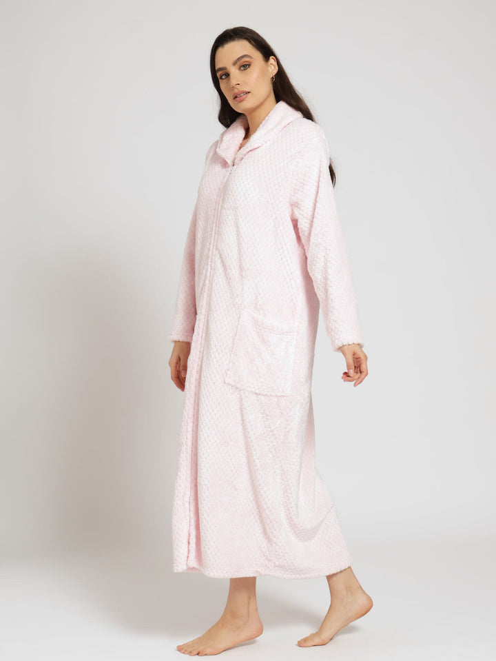 Shawl Collar Waffle Zip Through Gown - Pink