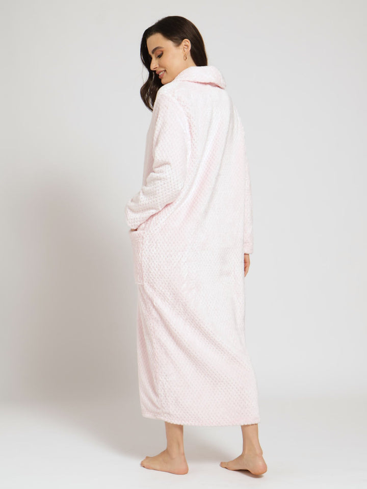 Shawl Collar Waffle Zip Through Gown - Pink