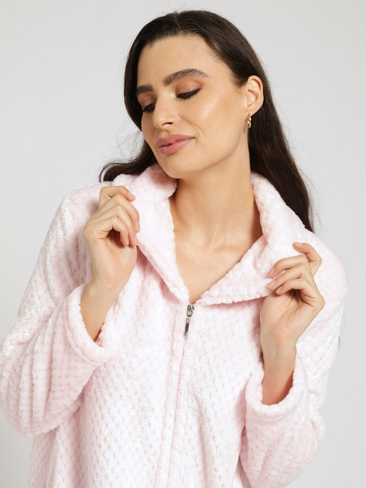 Shawl Collar Waffle Zip Through Gown - Pink