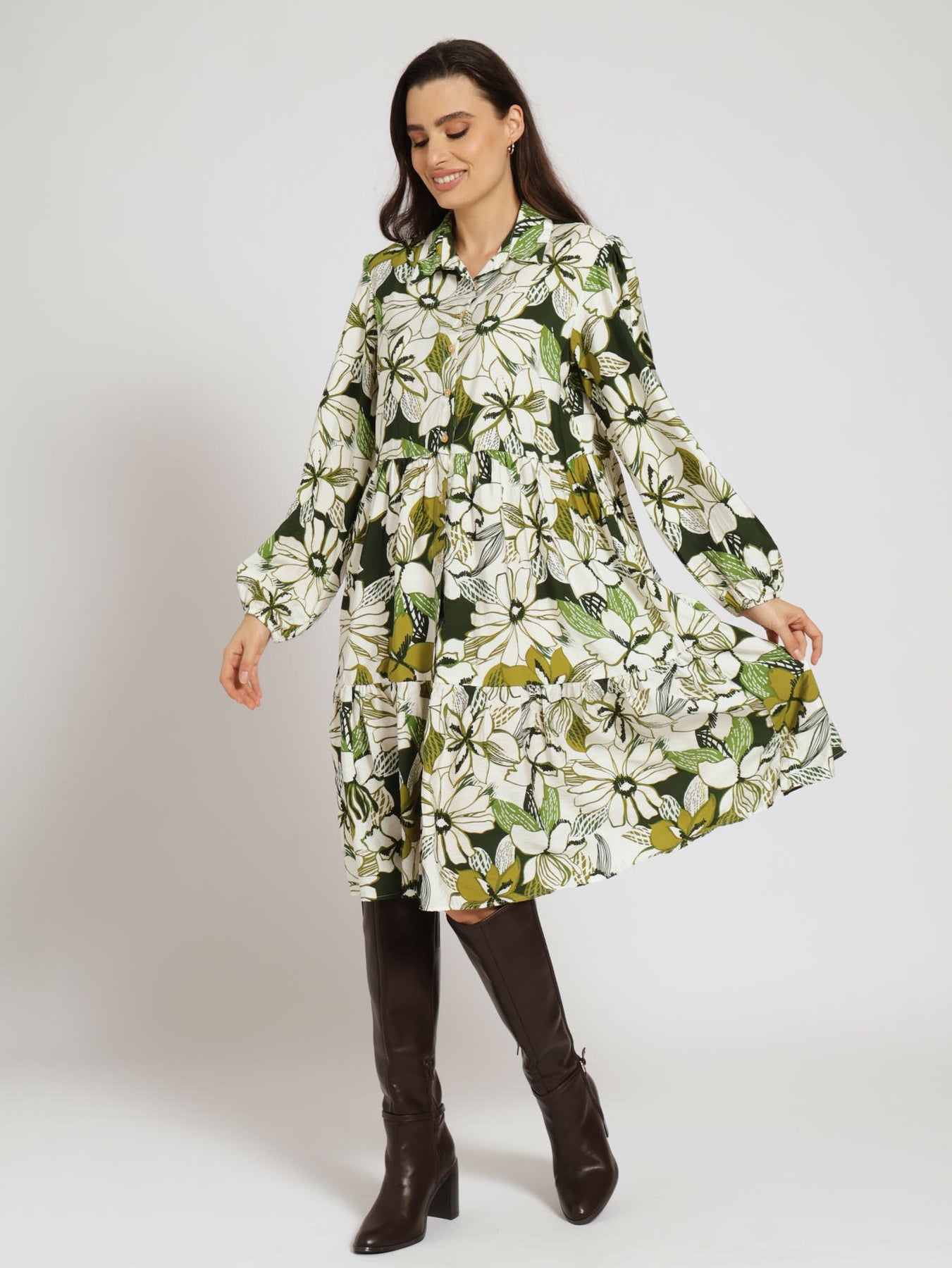 Long Sleeve Tiered Shirt Dress Green Edgars