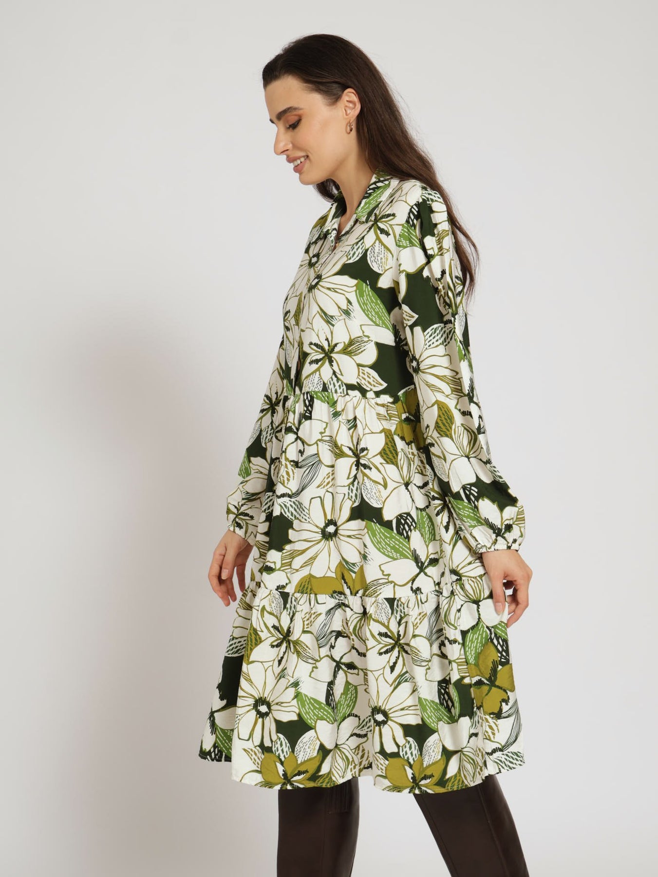 Long Sleeve Tiered Shirt Dress Green Edgars