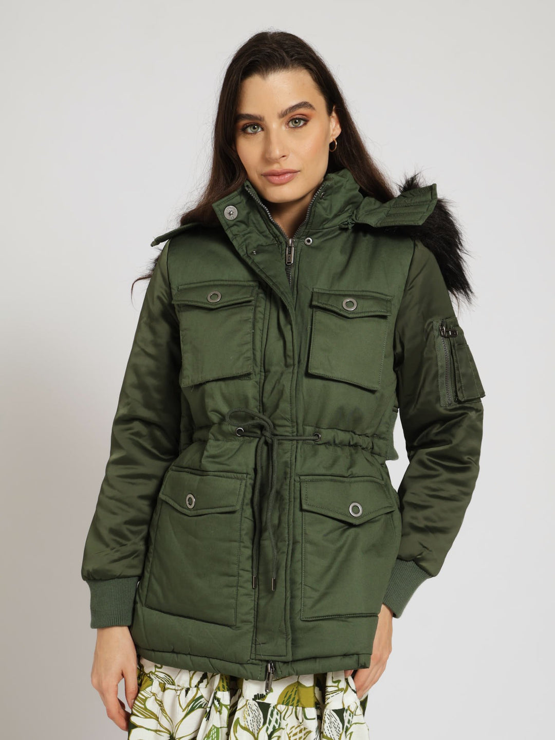 Long Sleeve Fur Lined Utiliity Parker Jacket  With Detachable Hood - Olive