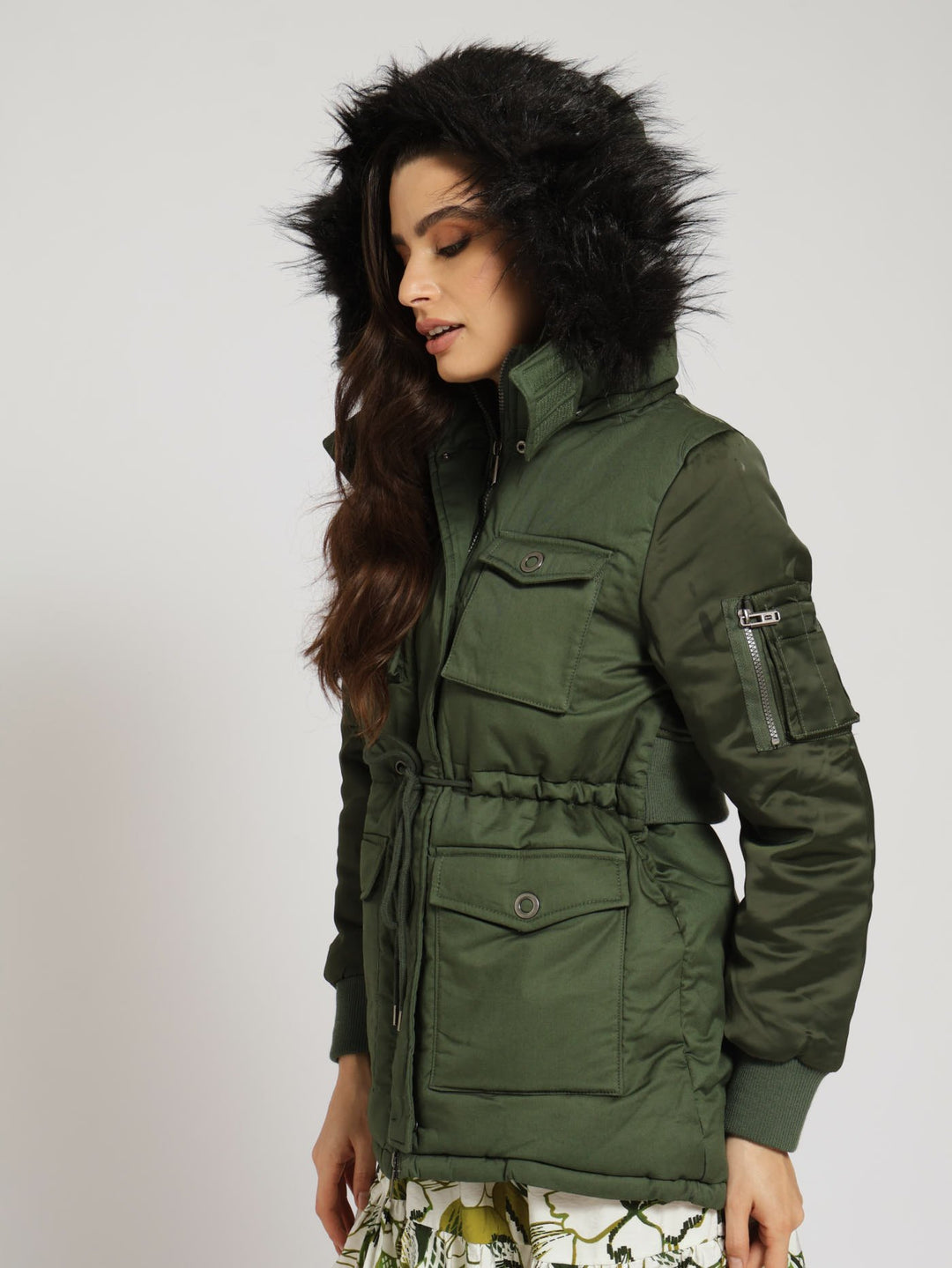 Long Sleeve Fur Lined Utiliity Parker Jacket  With Detachable Hood - Olive