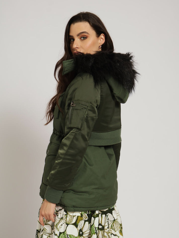 Long Sleeve Fur Lined Utiliity Parker Jacket  With Detachable Hood - Olive