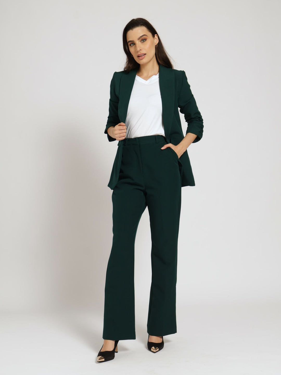 Half Lined Ruched Sleeve Blazer - Dark Green