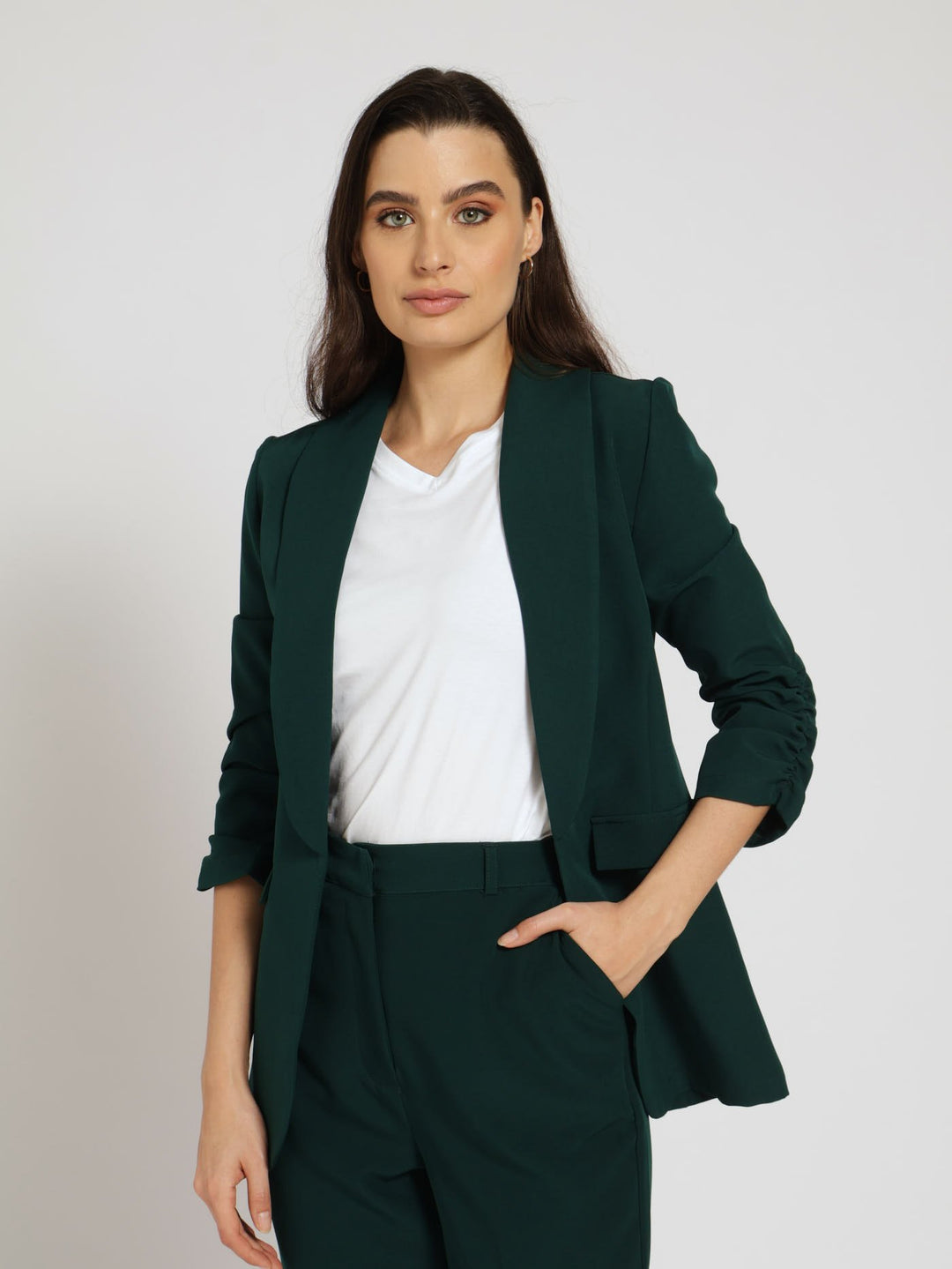 Half Lined Ruched Sleeve Blazer - Dark Green