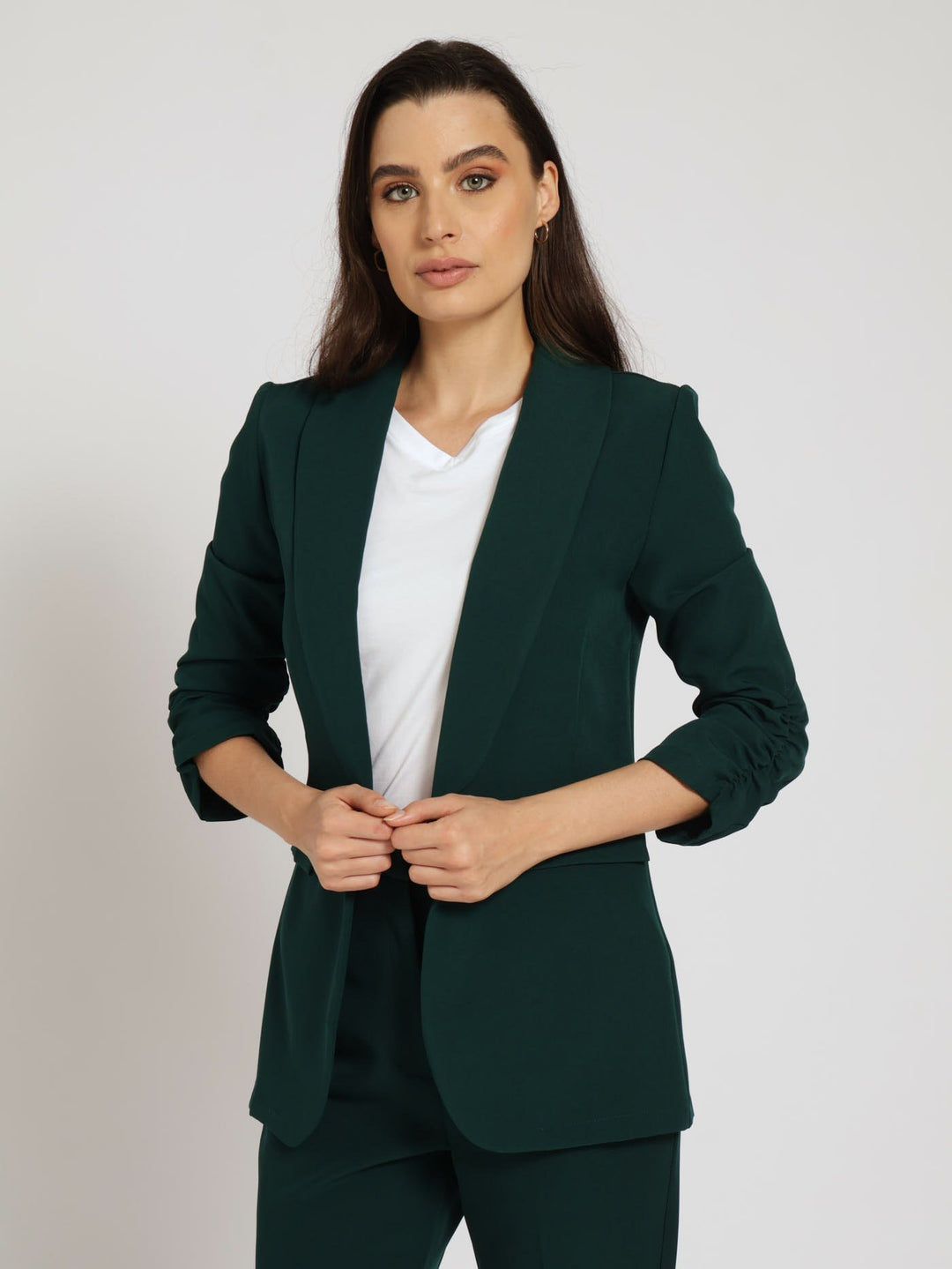 Half Lined Ruched Sleeve Blazer - Dark Green