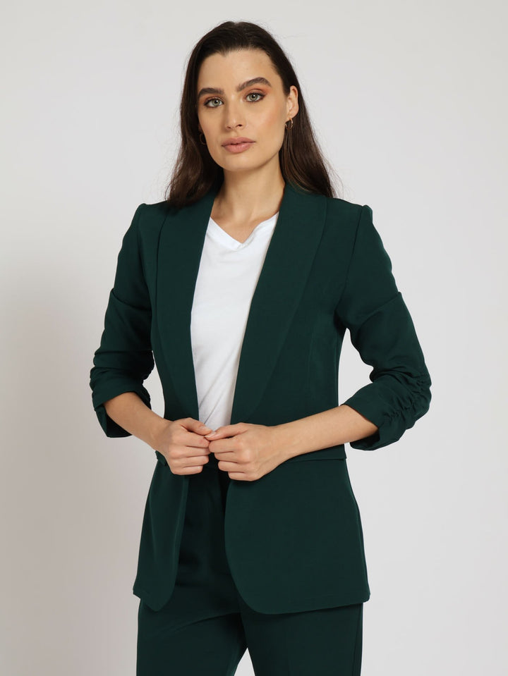 Half Lined Ruched Sleeve Blazer - Dark Green
